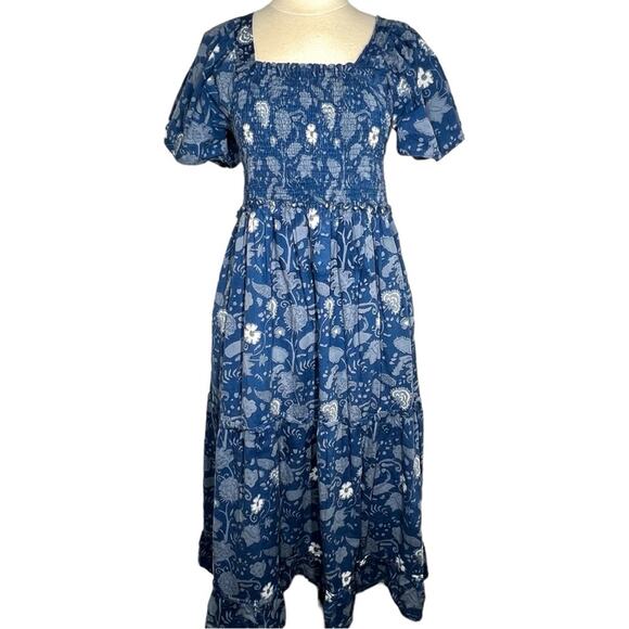 Grace Holiday Blue Floral Smocked Midi Dress Small - Picture 2 of 8